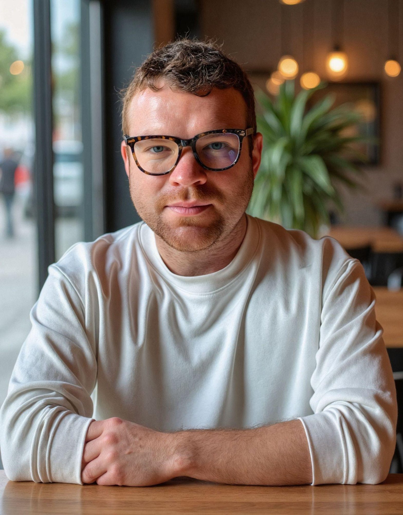 Ben Selby, founder of Jewel Design Studio, seated at a café table in natural light